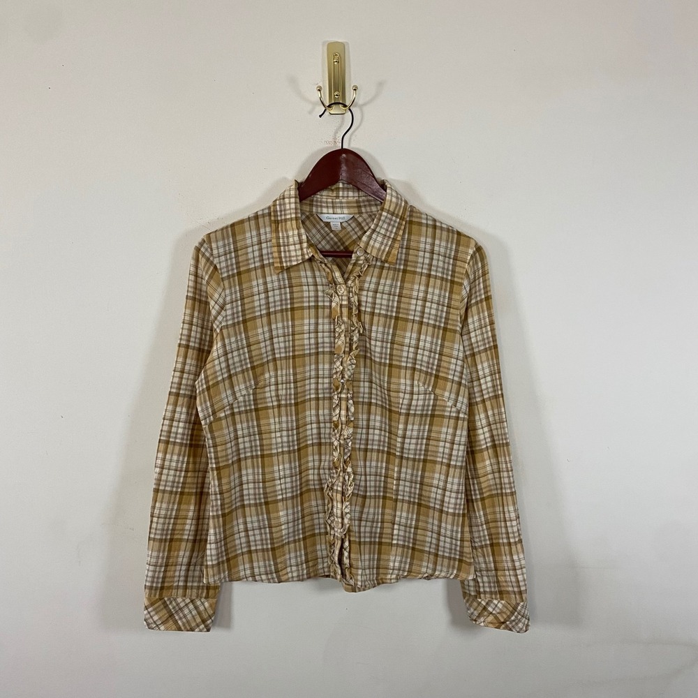 Garnet Hill Plaid Ruffle Front Long Sleeve Shirt Brown Yellow Women's Top Cotton
